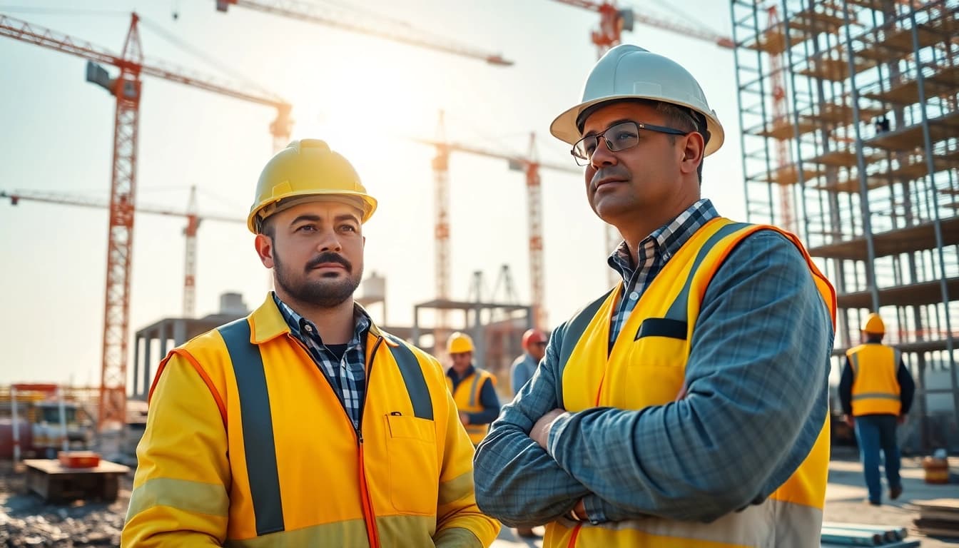 New Jersey Commercial General Contractor overseeing a busy construction site with diverse workers collaborating.