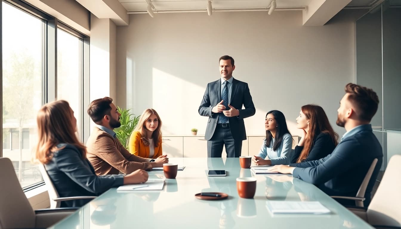 Business coach near me guiding clients in a modern office setting, highlighting collaboration and professionalism.