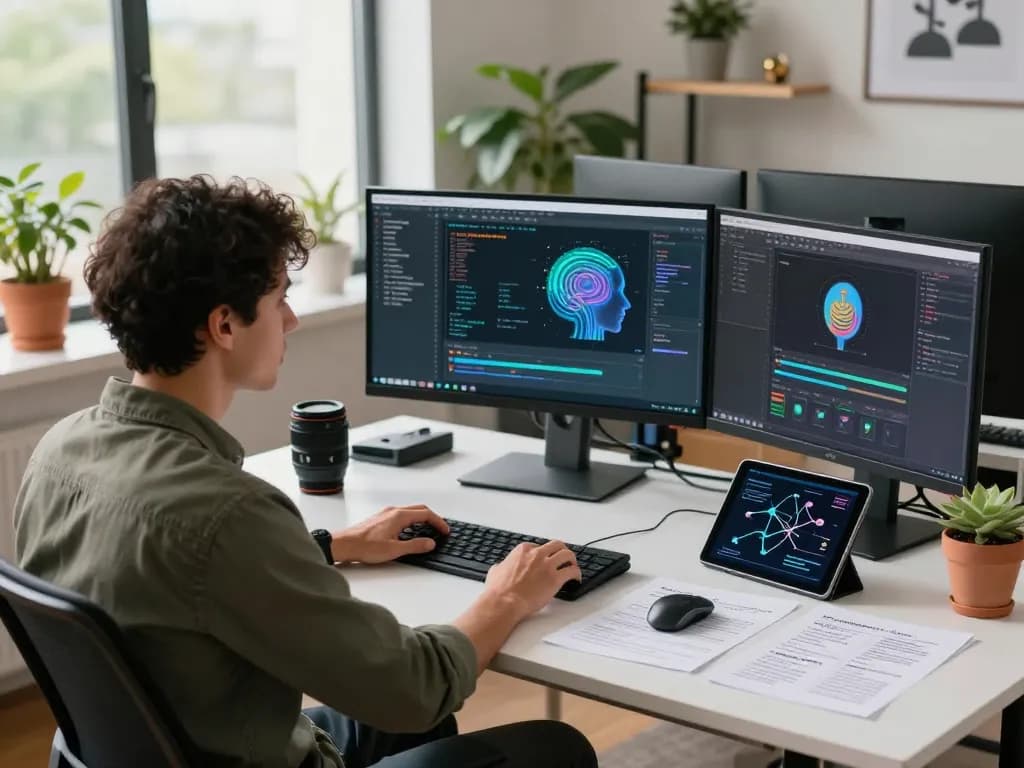 Engaged professional demonstrating mind control AI software development in a modern workspace.