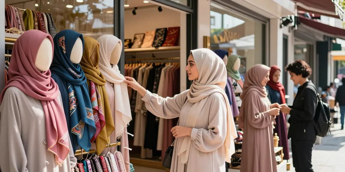 Stylish woman exploring the vibrant hijab shop with colorful displays and friendly atmosphere.