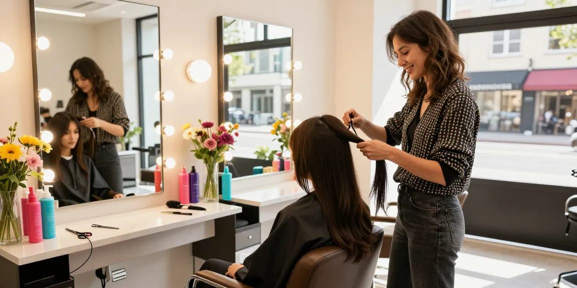 Hair style trend showcased in a vibrant salon scene with stylist applying extensions.