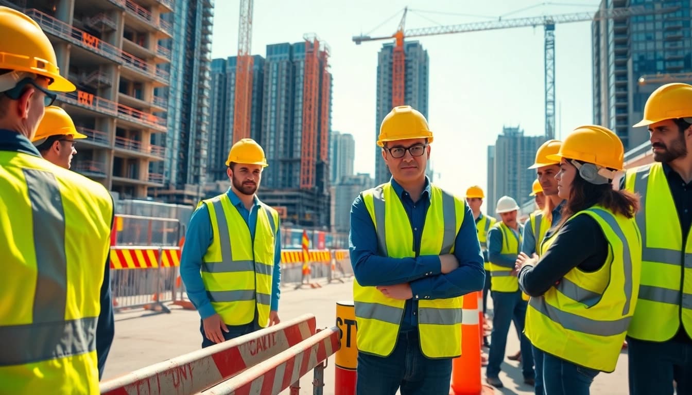 Ensure construction site safety with workers actively following protocols and using safety gear.