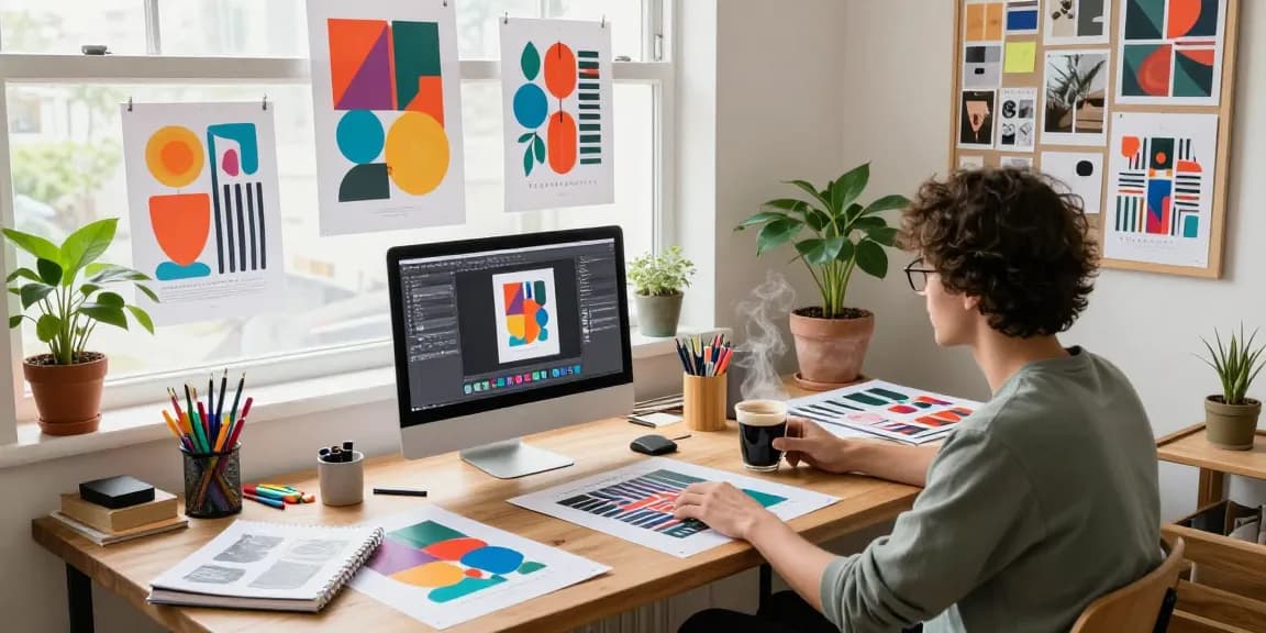 Engaging workspace showcasing poster printing designs and creative process.