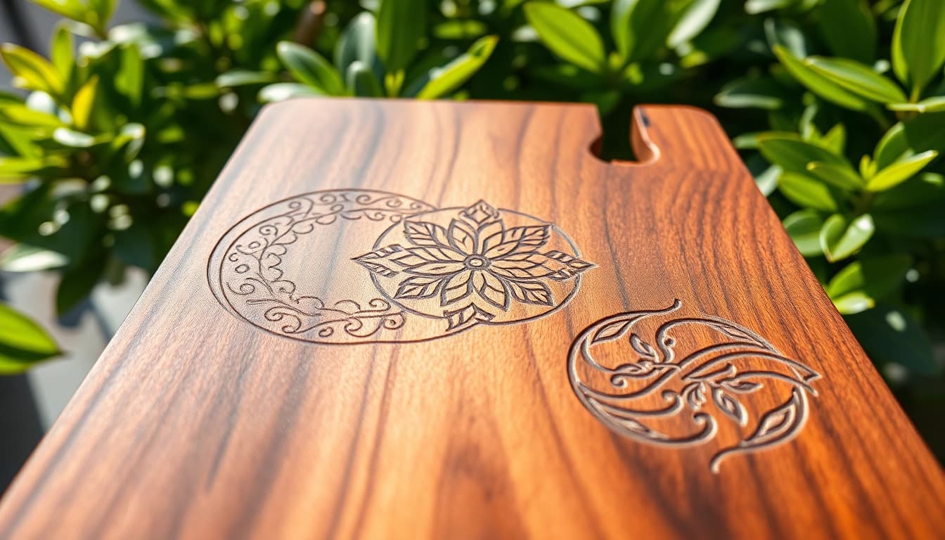 Showcasing detailed laser engraving designs on wood with intricate patterns and natural lighting.