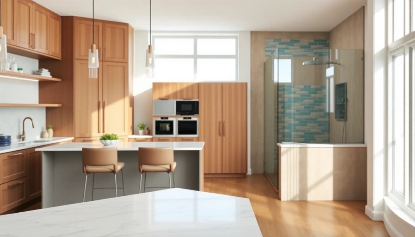 Showcasing kitchen and bathroom renovation with elegant cabinetry and modern fixtures.