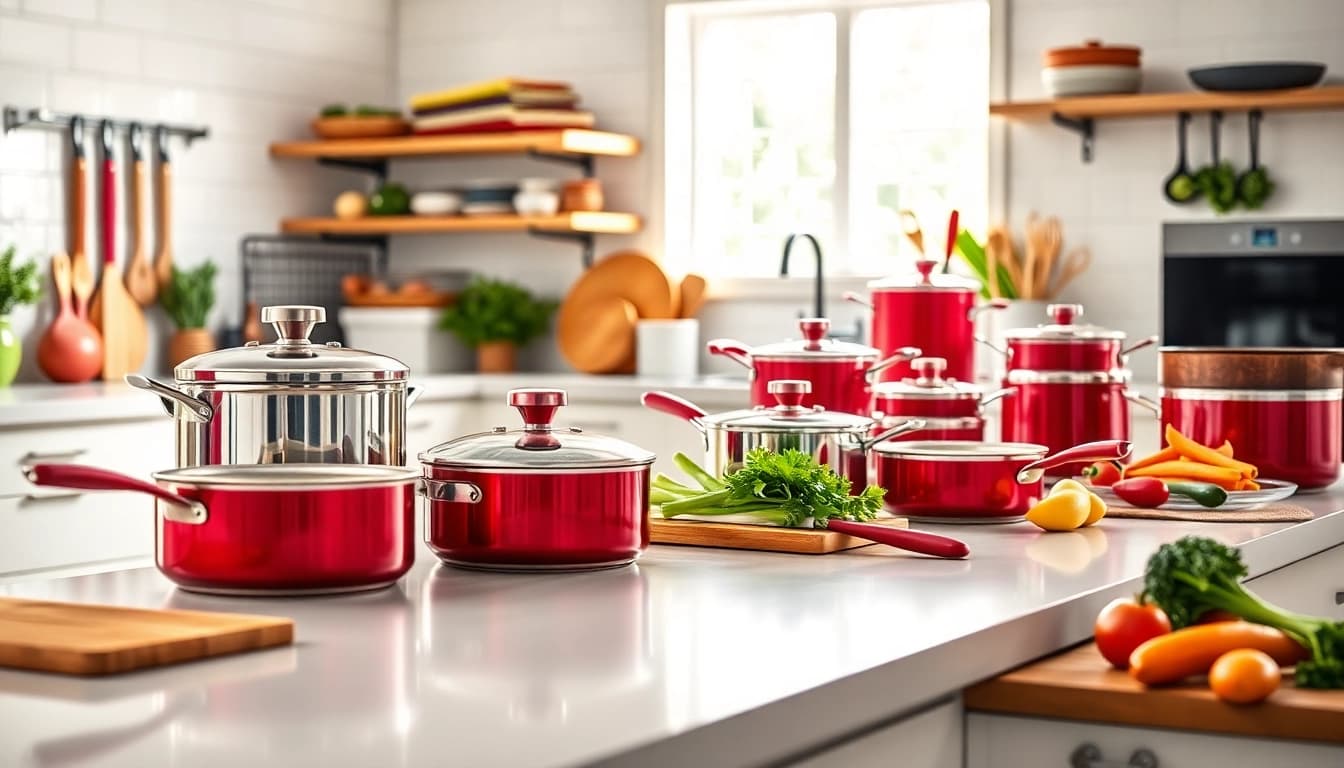 Showcase of AMC Essentials cookware with vibrant tools in a bright kitchen setting.