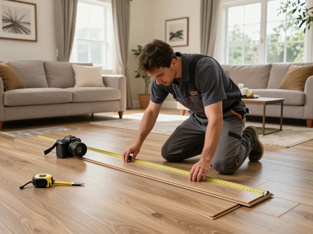 Flooring specialists near me installing luxurious vinyl plank flooring in a cozy living room.