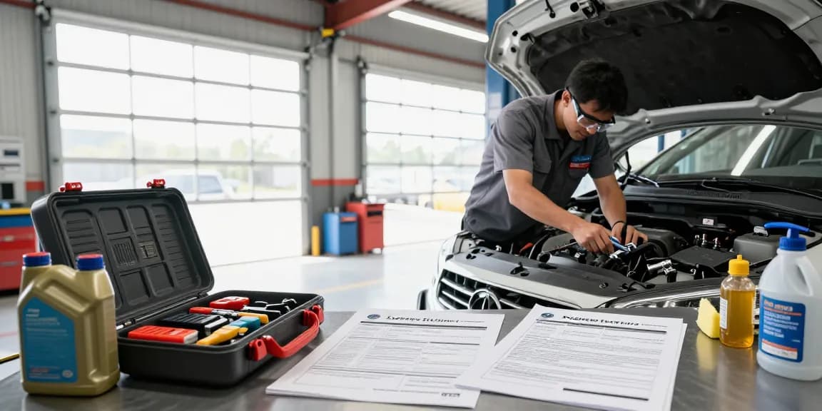 Mechanic discussing what is a vehicle service contract in a professional automotive garage setting.