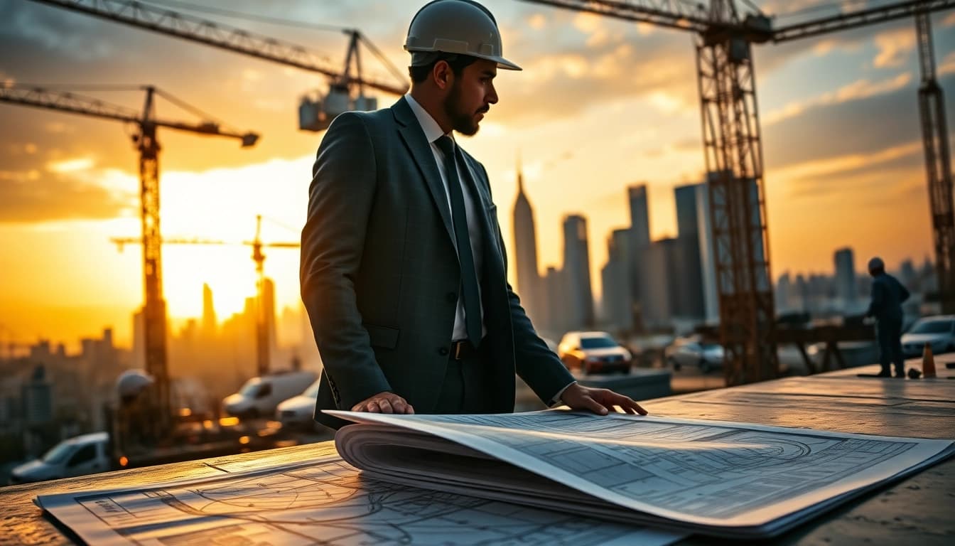 New York Construction Manager supervising an active construction site with cranes and blueprints.