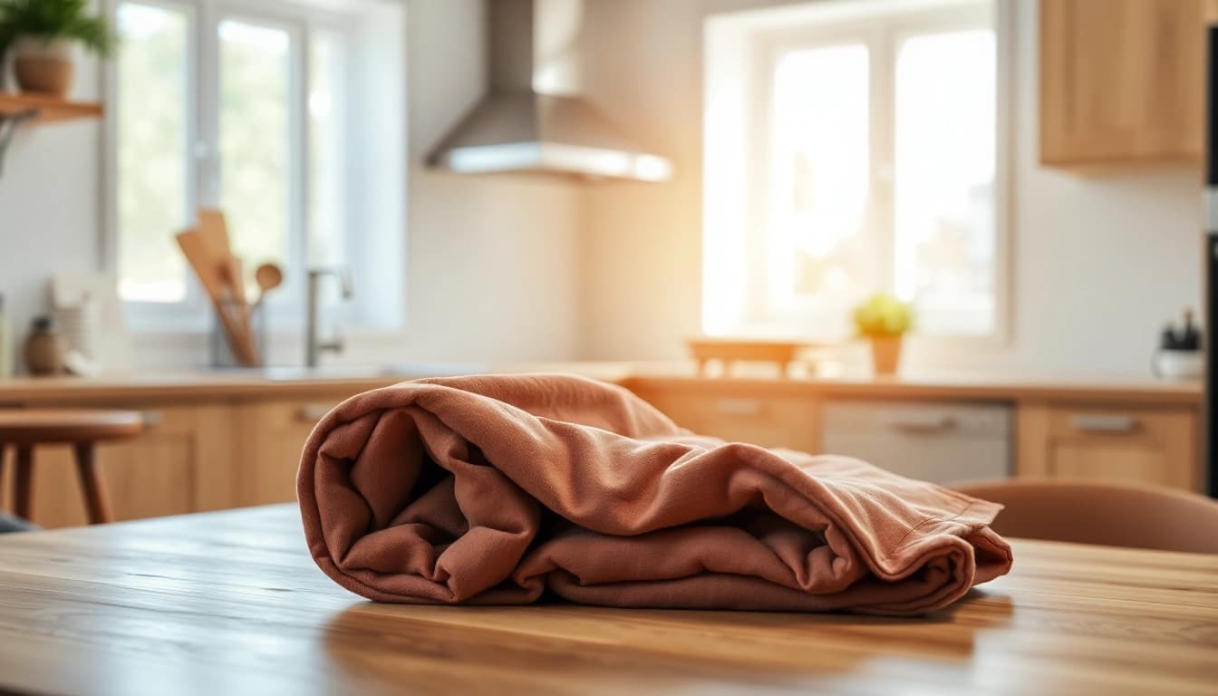 Secure fire blanket neatly arranged on a table in a bright modern kitchen.