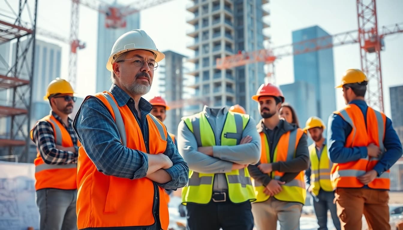 New York General Contractor supervising a team at a bustling construction site.