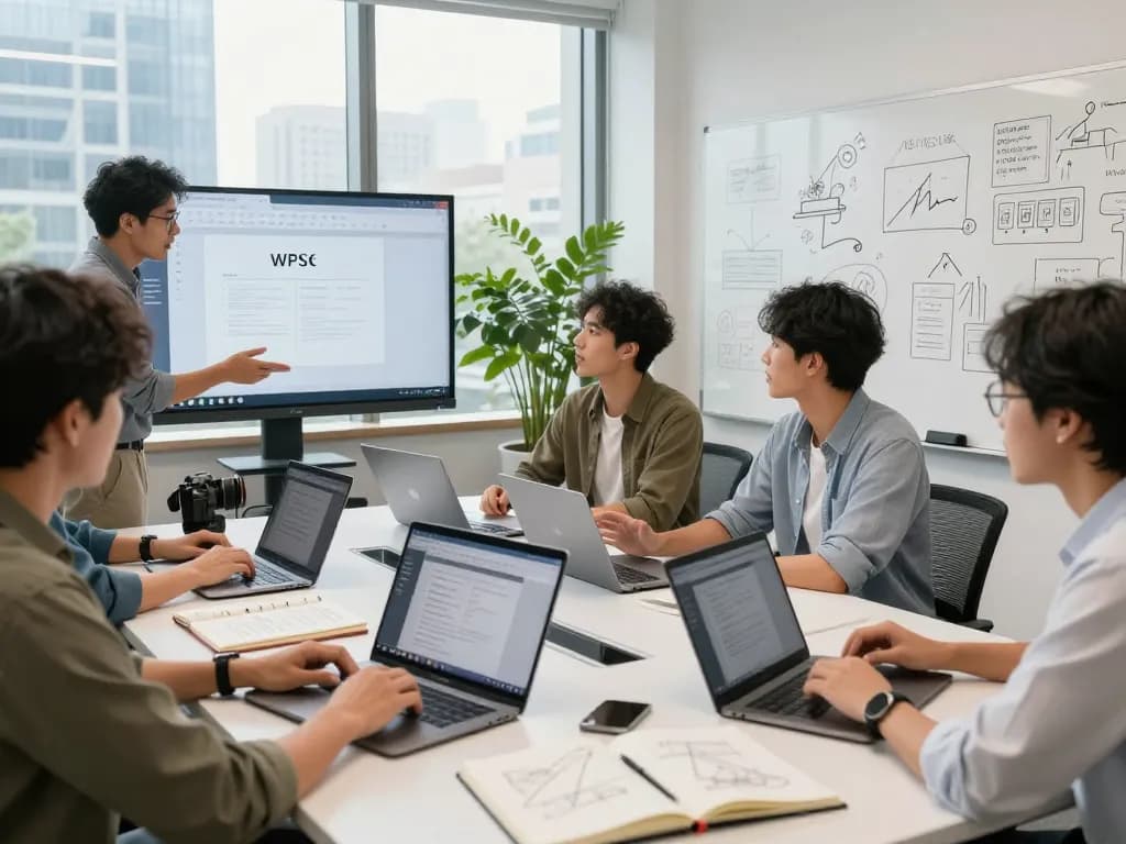 Dynamic team collaboration using WPS官网 applications in a modern office workspace, reflecting innovation and productivity.