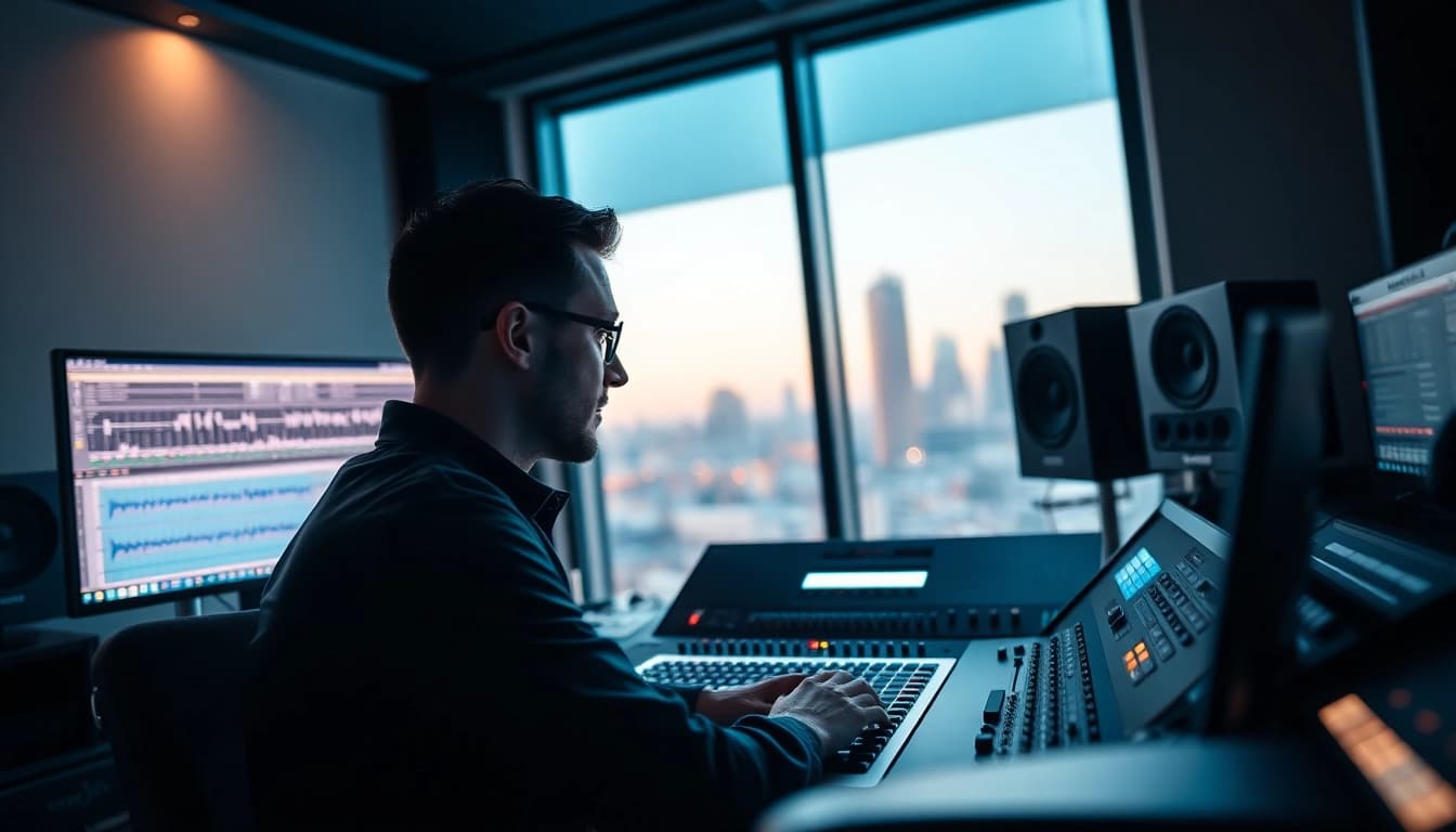 Engineer's workspace for online mastering featuring high-end equipment and a focused atmosphere.