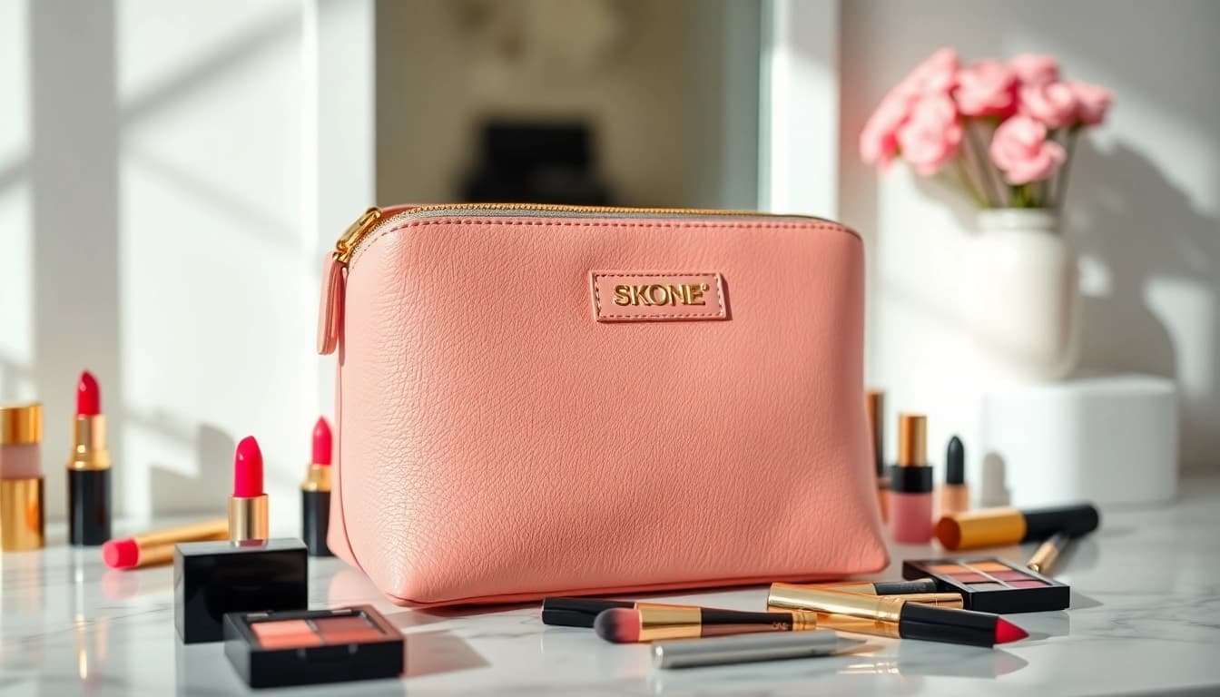 Showcase a Skone Cosmetics signature makeup bag among vibrant beauty products on a stylish vanity.