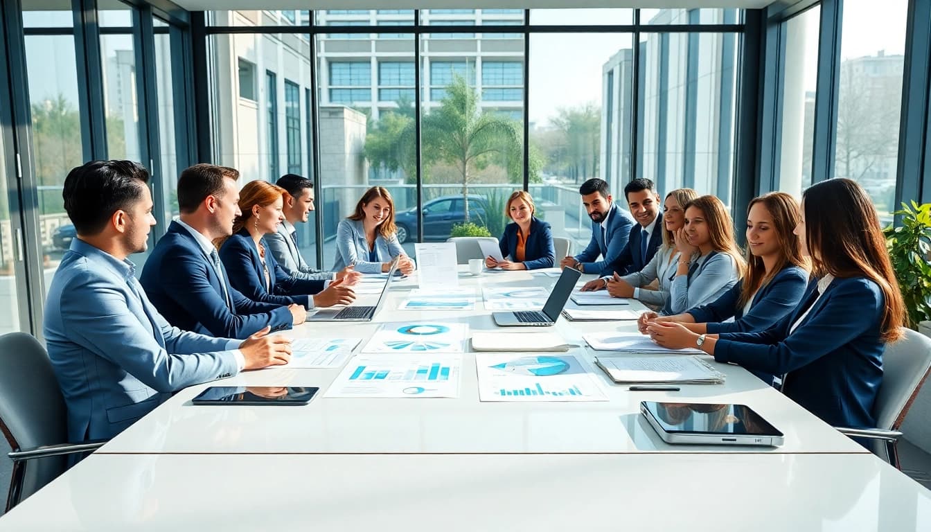 Engaged Quickplus Business Consultants collaborating in a modern office setting.