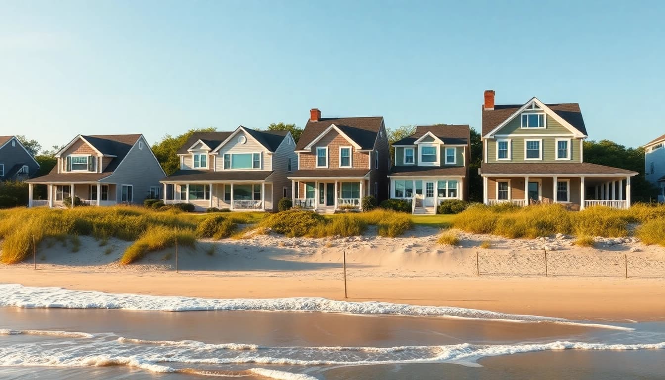 Cape Cod homes along a beautiful beach promote charming coastal living.