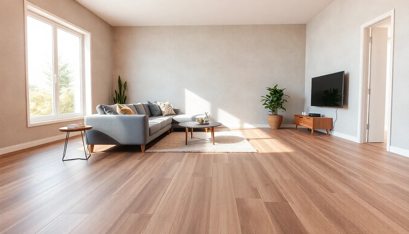 Enhance your space with waterproof vinyl flooring featuring a cozy taupe design in a sunny living room.