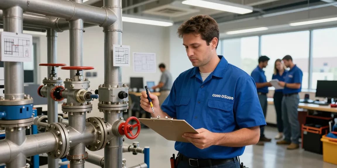 Expert plumber inspecting commercial plumbing San Diego system in office setting.