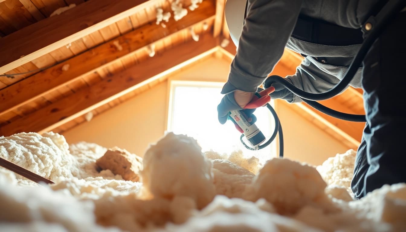 Efficient spray foam insulation removal showcased by a technician in an attic.