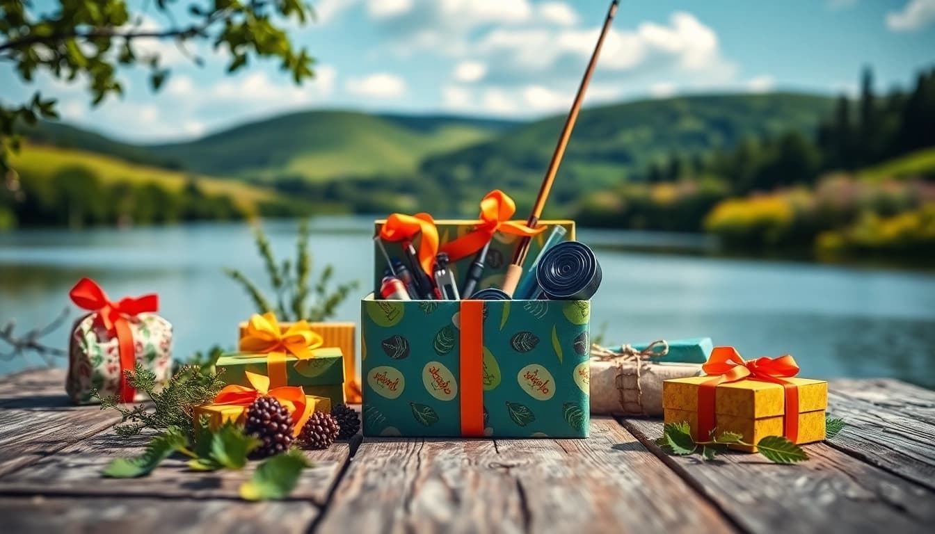 Engaging collection of fishing gifts on a rustic table features colorful wrapping and fishing gear.