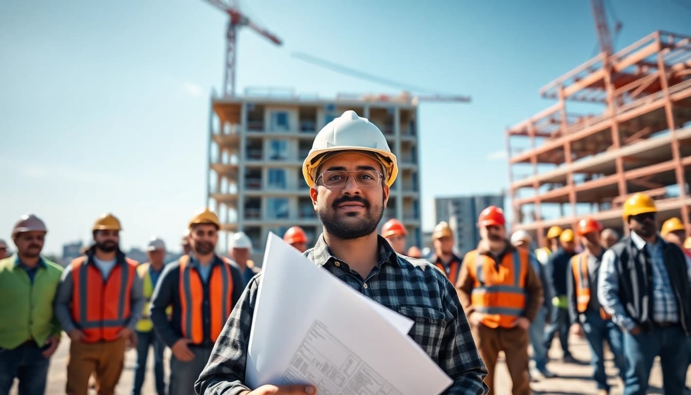 New Jersey Commercial General Contractor managing a diverse team on a bustling construction site.
