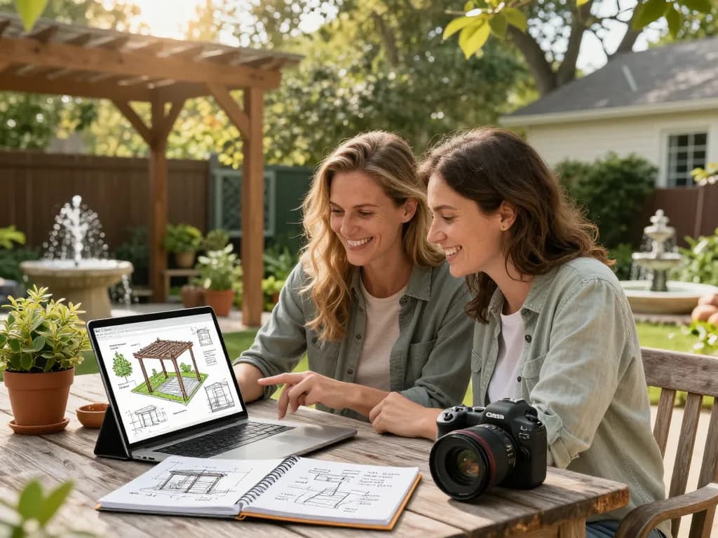 Couple using a pergola 3D planner in their backyard to design a custom outdoor space