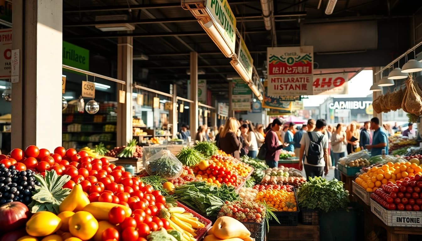 Showcasing modern trade in a vibrant urban market with diverse vendors and bustling shoppers.