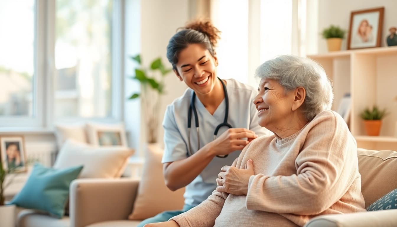 Engaged caregiver providing respite care austin tx to an elderly person in a cozy home setting.