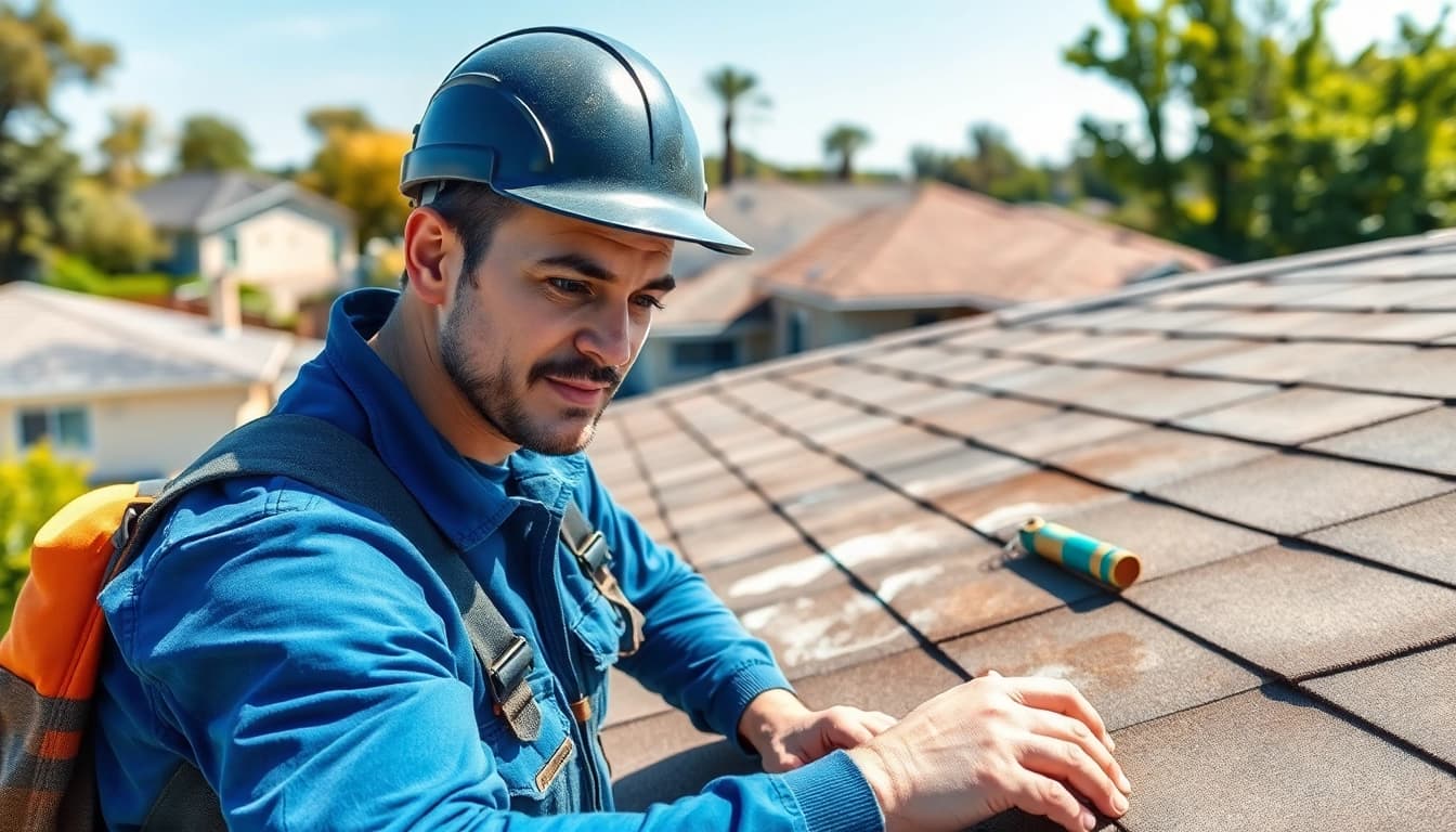 Expert performing roof leak repair Bay Area with professional tools and safety gear.