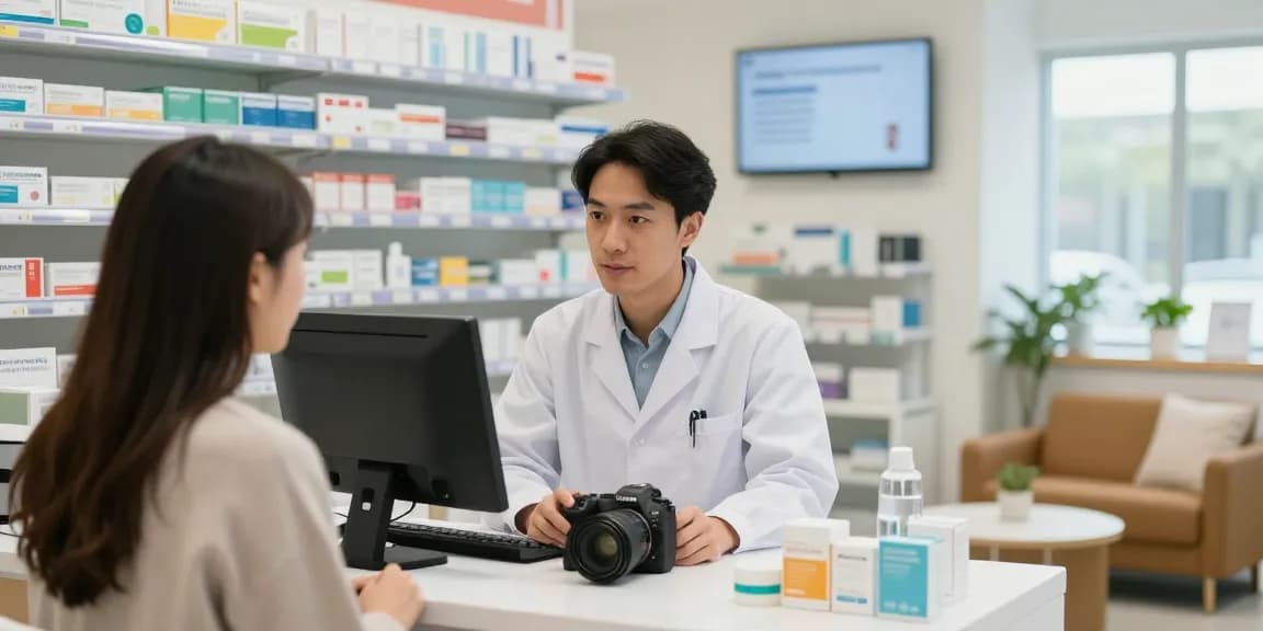 Healthcare professional discussing ketamine buy options in modern pharmacy.