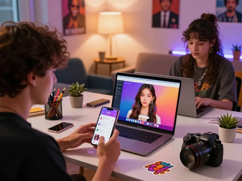 Engaging scene of users customizing their AI slut avatars in a vibrant digital workspace, showcasing modern tech interaction.