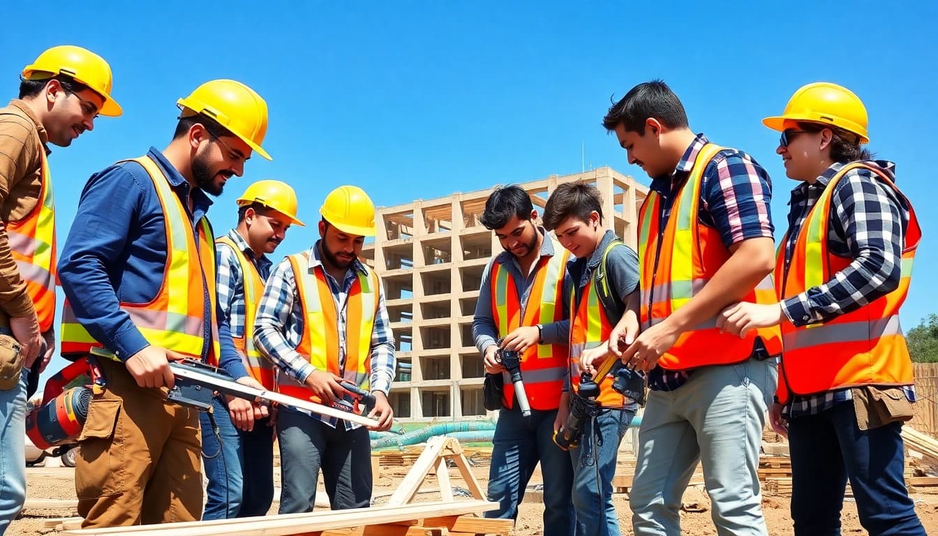 Construction apprenticeship in action, showcasing young workers collaborating on a building site with tools and safety gear.