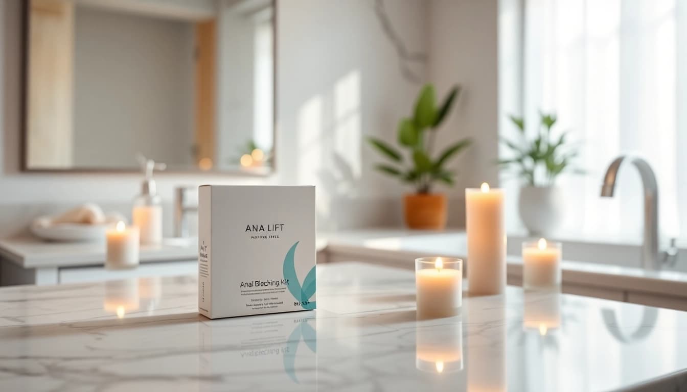 Experience anal bleaching with a sleek kit displayed elegantly in a serene bathroom setting.