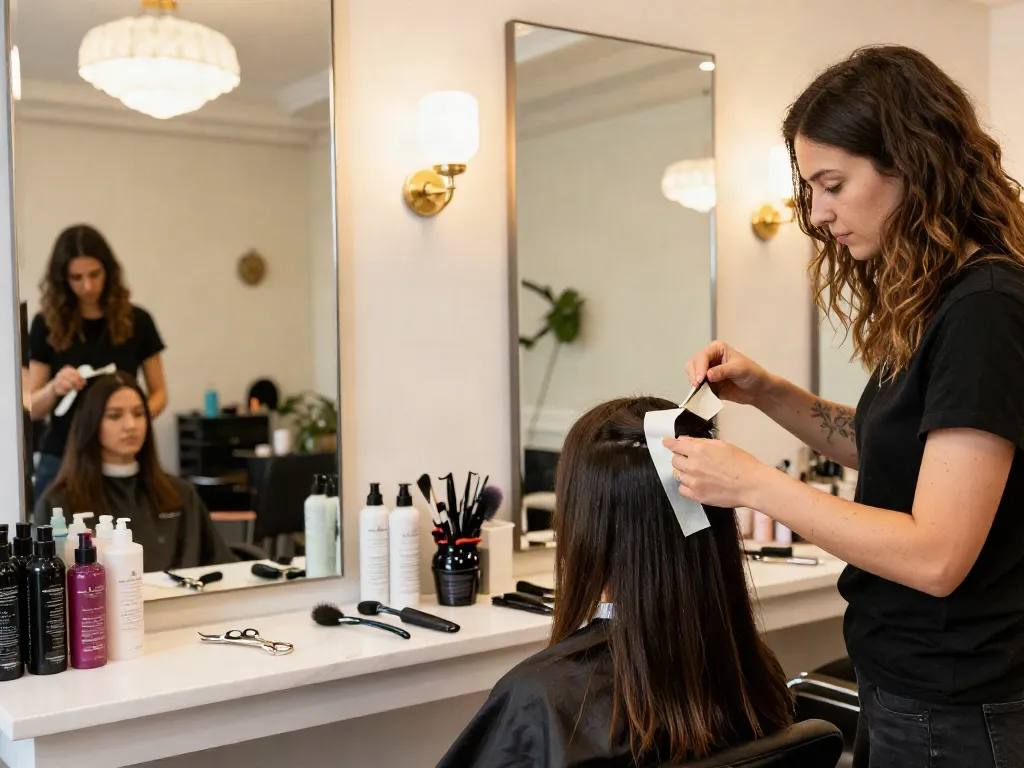 Stylist applying invisible tape in hair extensions in a chic salon setting.