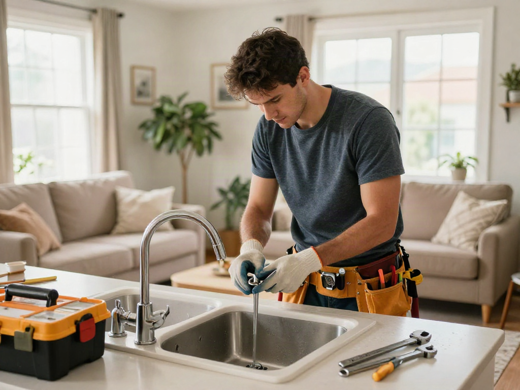 Home repair services Des Moines Iowa, handyman fixing a kitchen faucet in a cozy living room.
