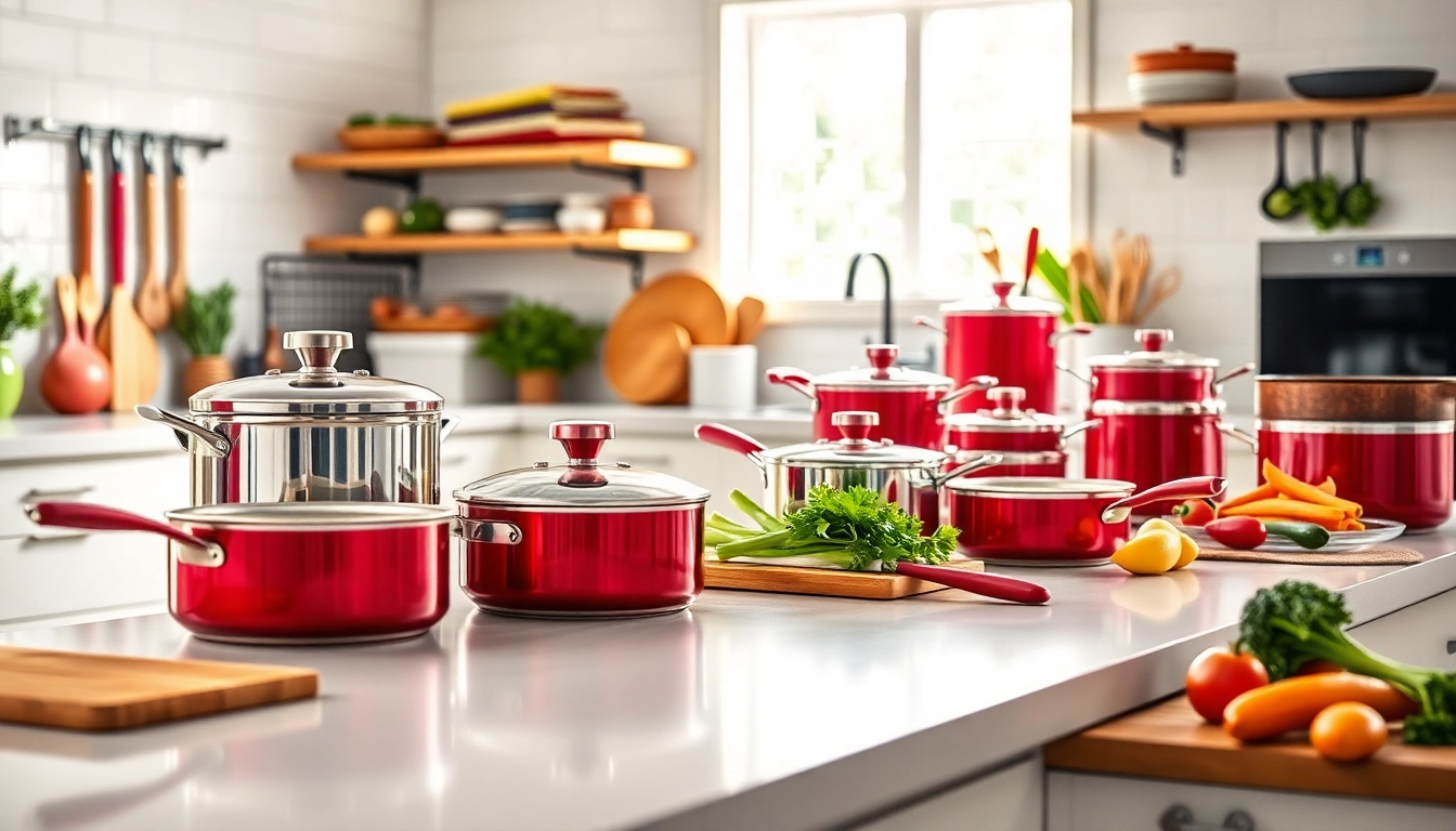 Showcase of AMC Essentials cookware with vibrant tools in a bright kitchen setting.