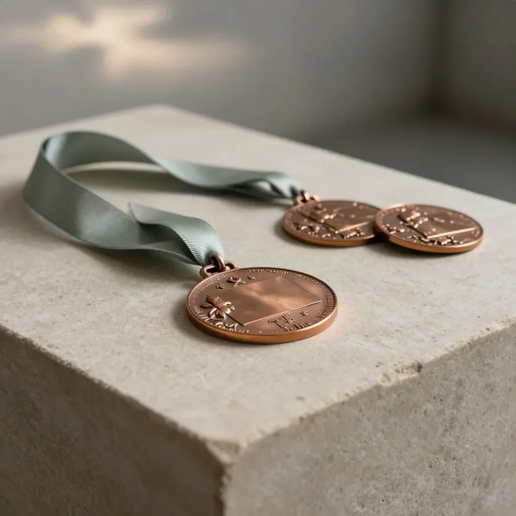 Bronze medal kit on stone plinth with ribbons and blank name plate