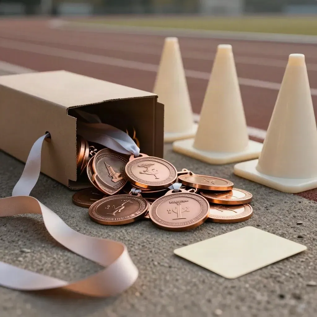 Bronze medals, ribbon rolls, and race cones spilling from a carton on a school track in soft late light