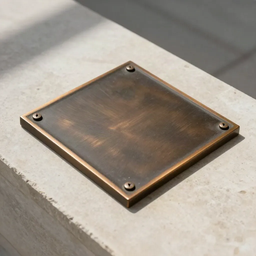 Brushed bronze plaque with screws and felt backer on pale limestone, overhead flatlay