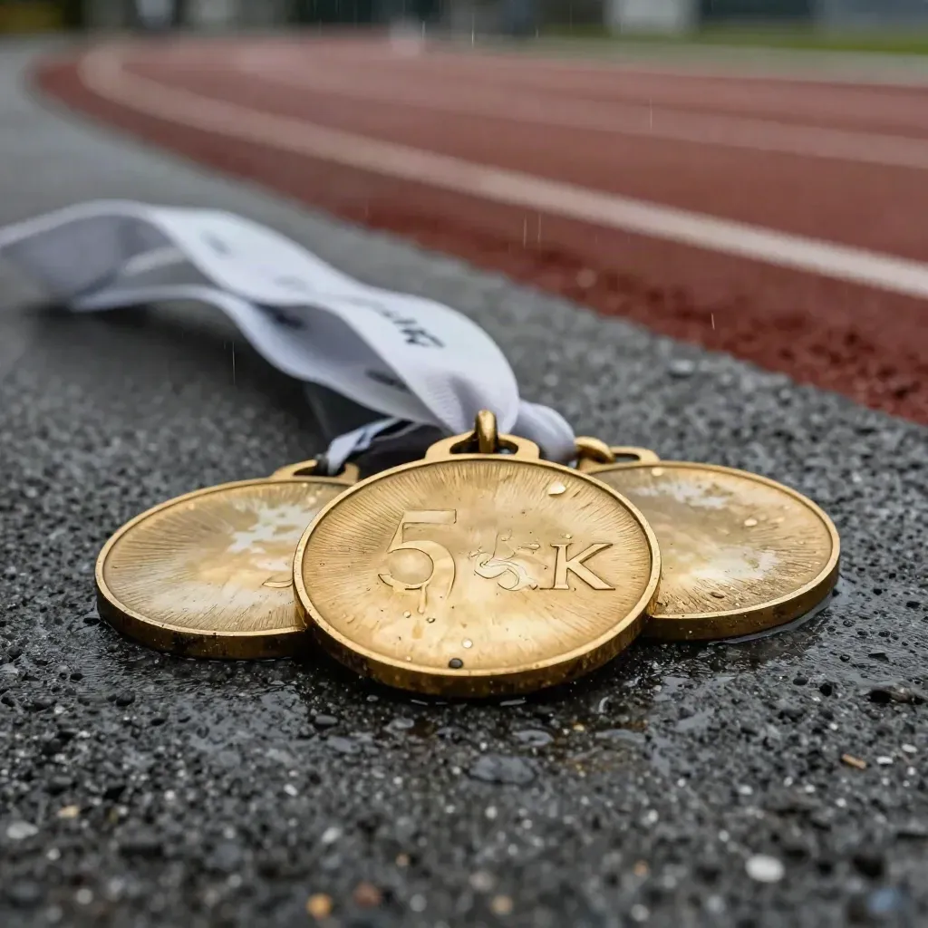 Bronze finish line medal on wet track stone with ribbon loop and companion blanks in drizzle