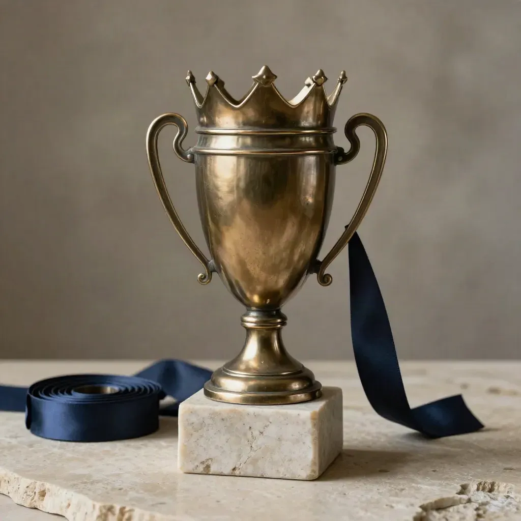 Bronze team captain trophy on stone with navy accent under crisp studio light