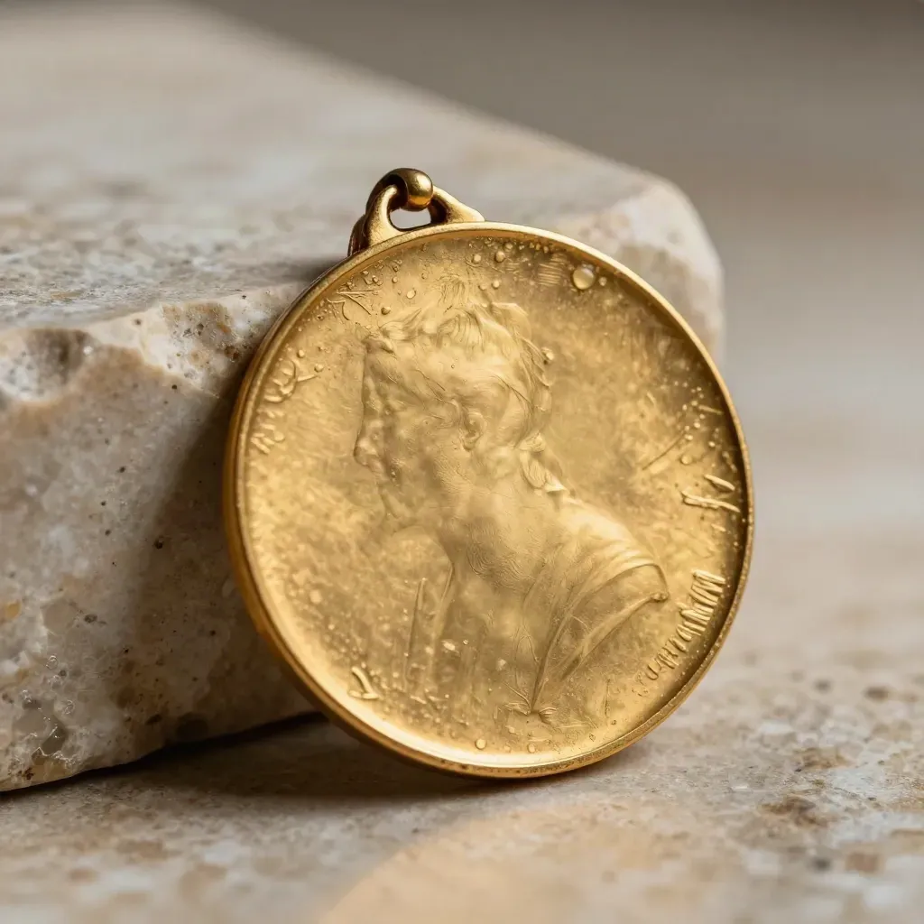 Antique gold medal leaning on pale stone with moisture beads and a worn edge