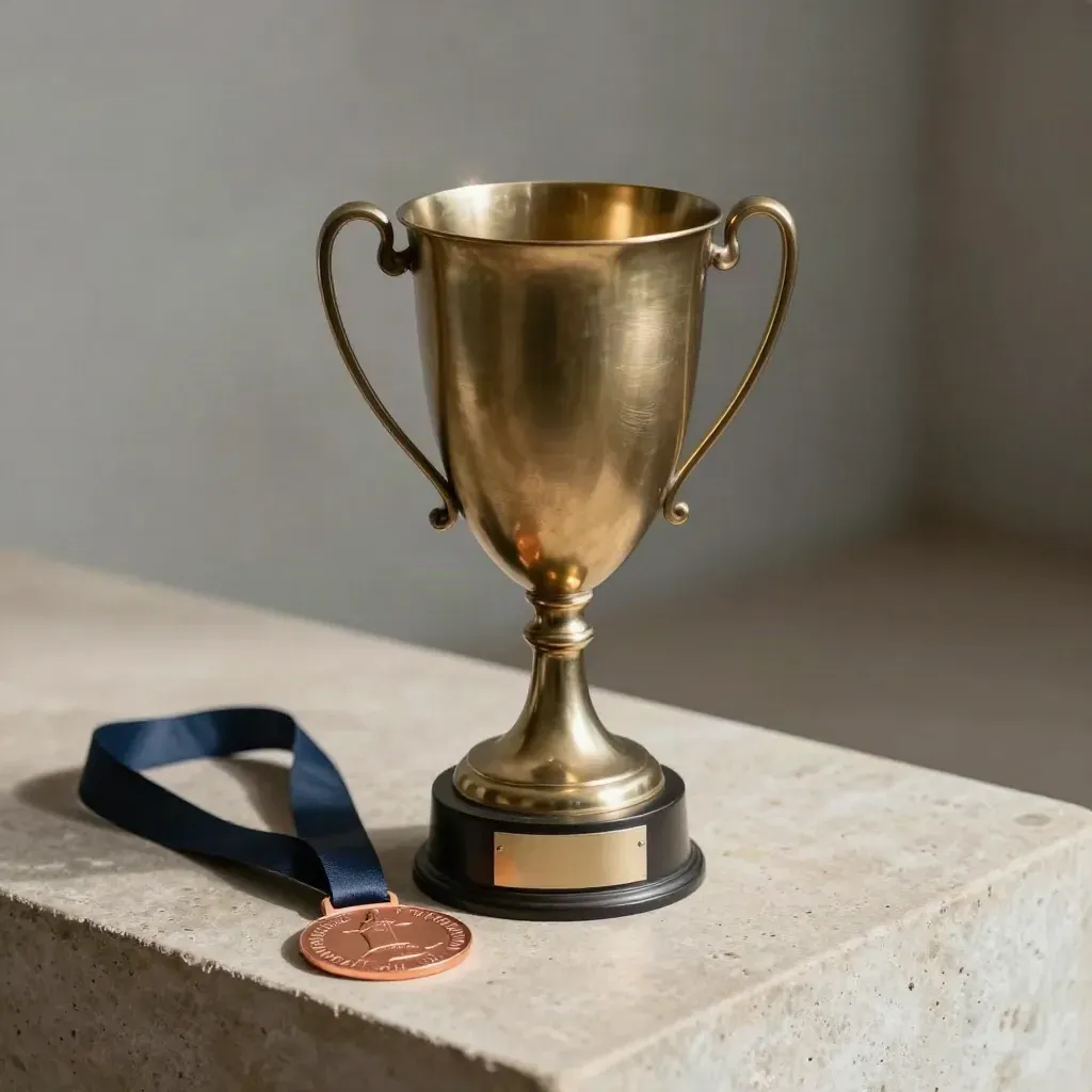 Bronze club champion cup on a stone pedestal with a blurred ribbon award and medal