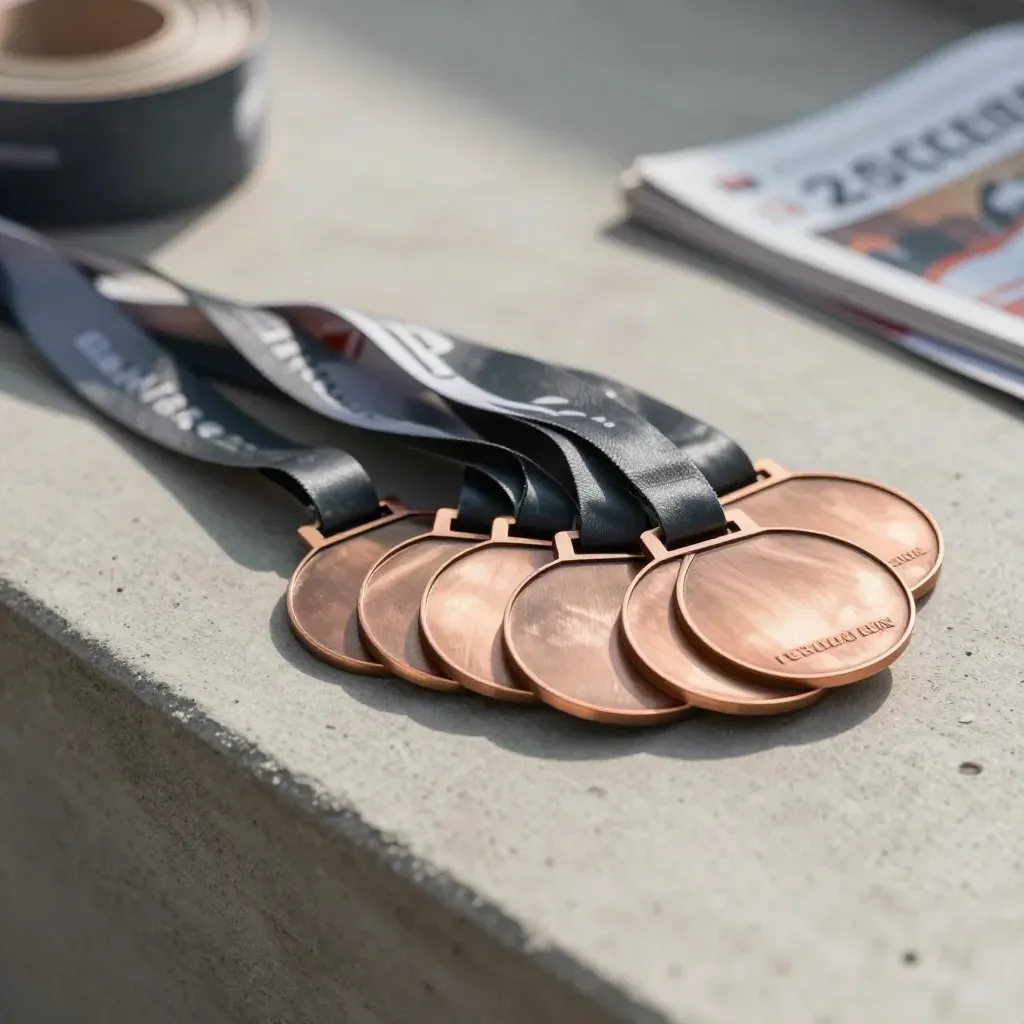 Overhead stack of bronze race bib clip medals with ribbon tabs on concrete ledge.