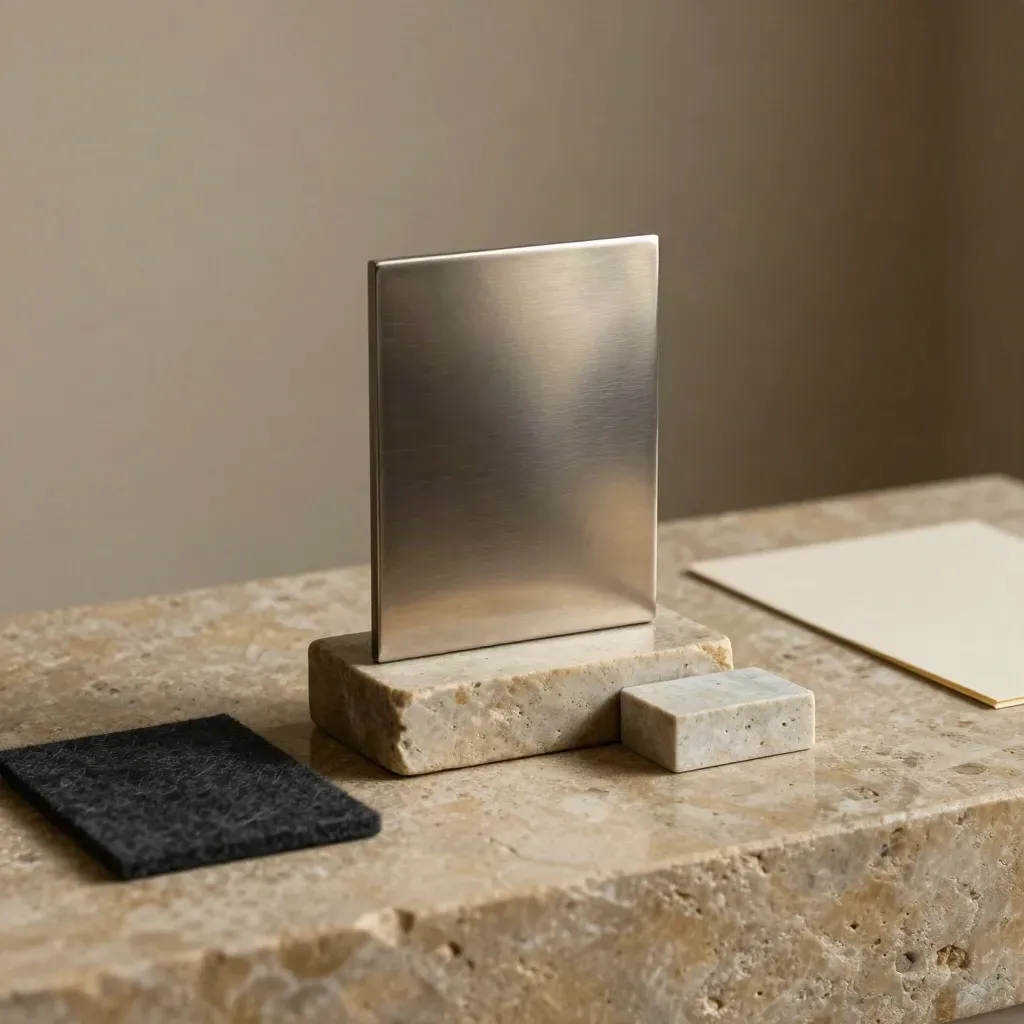 Mini desk award on stone base beside felt pad in soft studio light