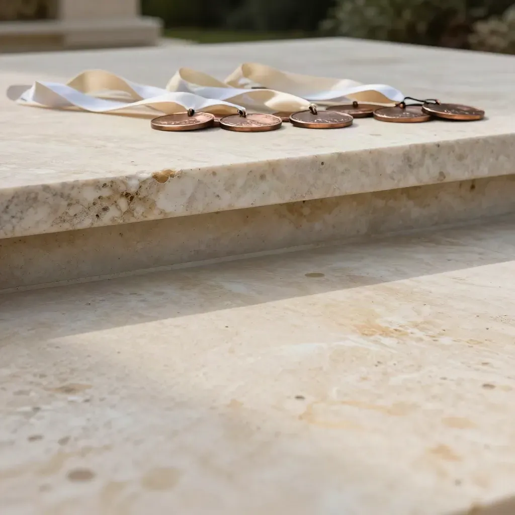 Rain-damp limestone terrace with blurred bronze medals and ivory ribbon loops in the upper frame.