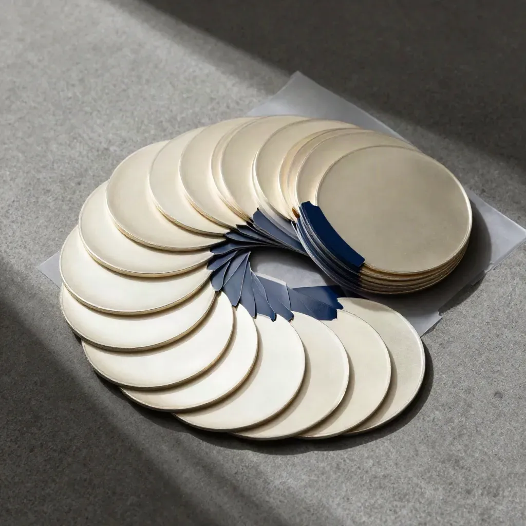Overhead flatlay of a split pack of blank medal insert discs on charcoal concrete.