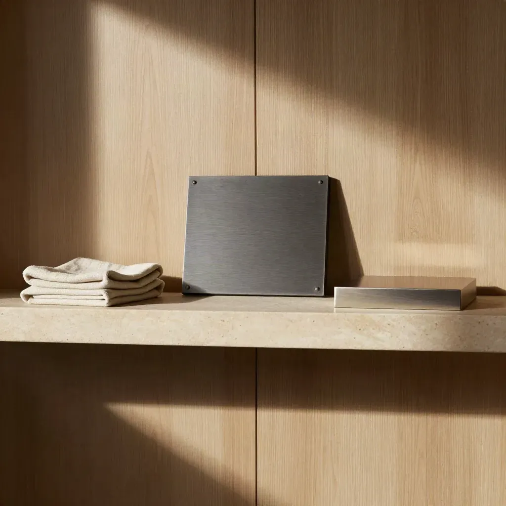 Wood-paneled awards interior with a blurred plaque on a stone shelf in warm sunlight