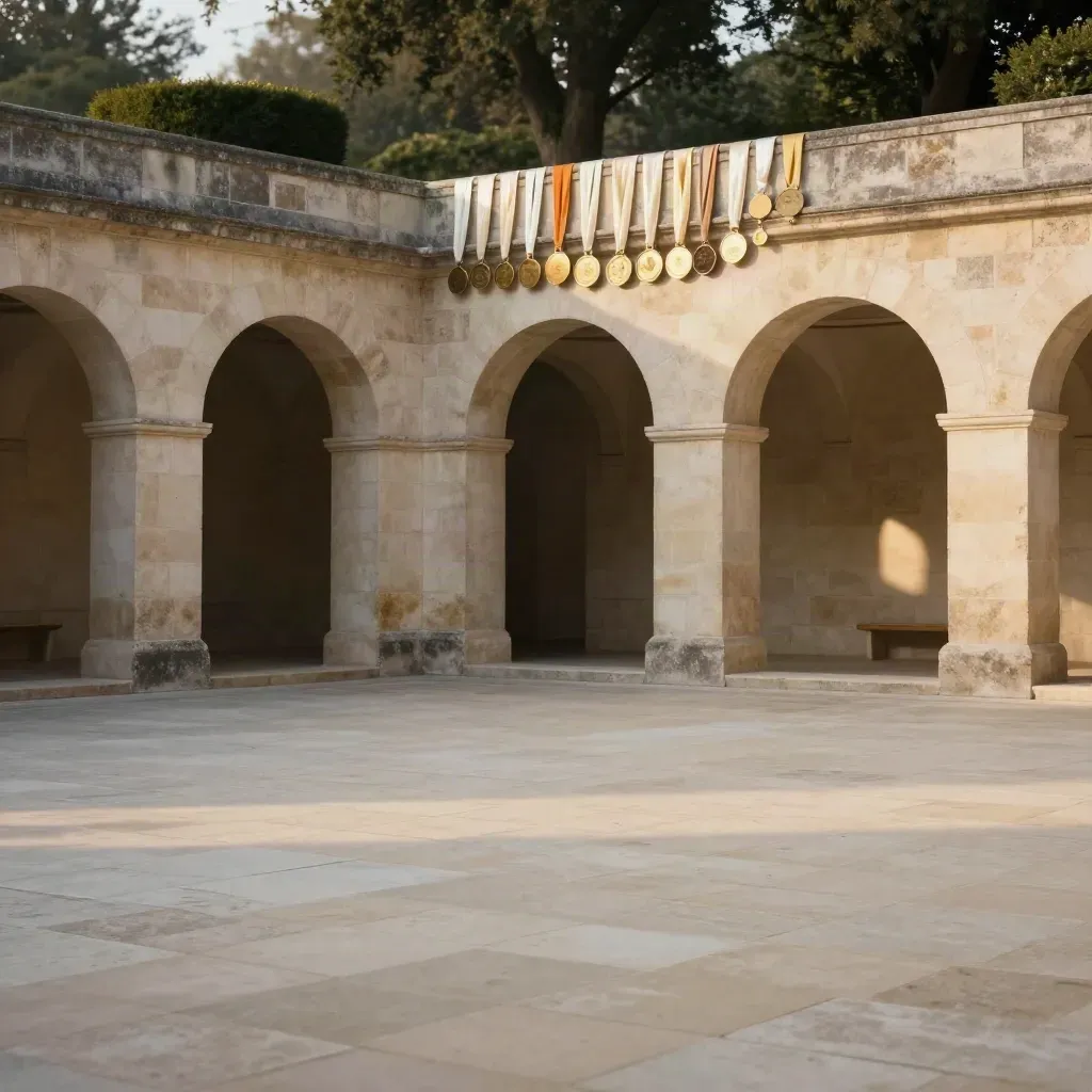 Sunlit limestone courtyard with ribbon awards glowing high above calm paving