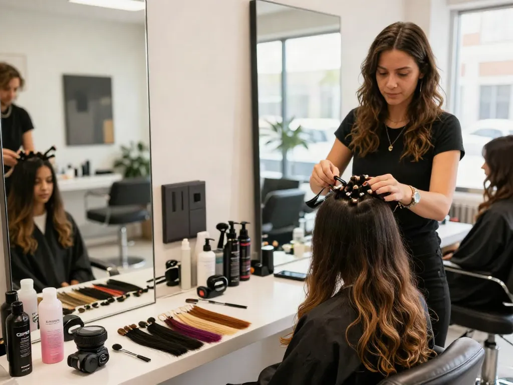 Stylist applying sew in weft hair extensions in a modern beauty studio